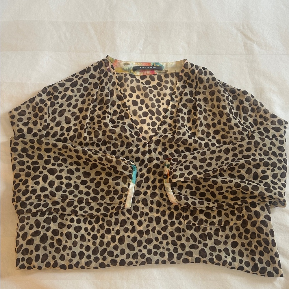 Rene Lezard Leopard Blouse with Colorful Cuff Trim